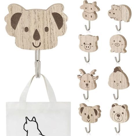 8 PCS Patere Murale Enfant, Crochet Mural en Bois pour Animaux, Crochets Autocollants en Bois, patere murale bois, pour Vêtements Clés Chapeaux Sacs Bijoux Salle de Bain Chambre Maison (1/5)