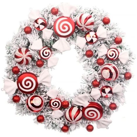 Guirlande de Noël, guirlande de Noël de 16 pouces pour porte d'entrée, décoration de guirlande de porte de Noël rouge blanc avec ornements de boule, bonbons, décoration de vacances pour cheminée décor (1/5)