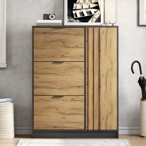 Meuble à chaussures MDF 100x30x130 cm coloris bois naturel + noir, 3 compartiments rabattables 1 porte rangement 12 paires pour entrée charge 50kg (1/5)