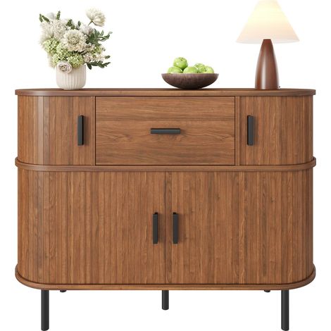CHICFURN Aparador de 2 niveles 110x35x81,5 cm nogal MDF con puertas correderas (1/5)