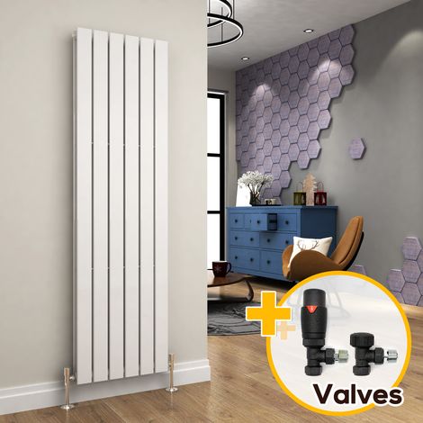 ELEGANT Designer Vertical Radiator 1600 x 452 mm White Double Flat Panel + Anthracite Thermostatic Radiator Valves (1/5)