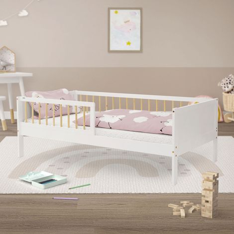 ML-Design Kinderbett 80x160 cm Weiß-Natur, Einzelbett für Kinder mit Lattenrost & Rausfallschutz, Jugendbett aus Kiefernholz, Holzbett Bettgestell für Jungen&Mädchen, Massivholz Babybett Kleinkindbett (1/5)