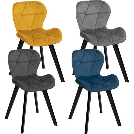 Idmarket – Lot de 4 chaises en velours mix color bleu, gris foncé, gris clair et jaune – Structure en bois – Dossier ergonomique – Assise confortable (1/5)