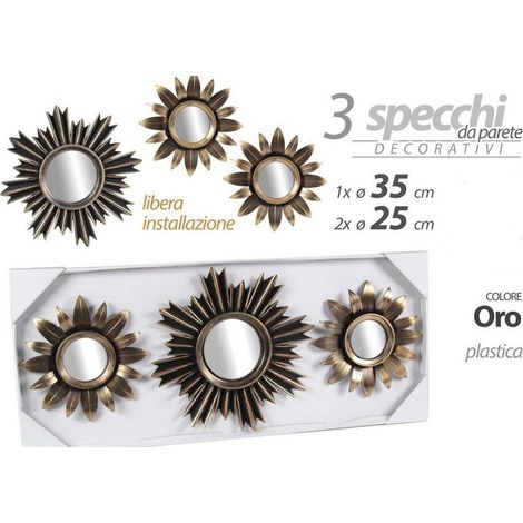 Trade Shop - Set 3 Specchi Parete Decorativi Oro 25/35cm Plastica Libera Installazione 823893 - (1/2)