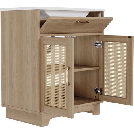 Meuble-lavabo sur pied avec vasque en céramique, avec tiroir relevable et 2 portes amorties, piètement haut orné de rotin, finition bois — Naturelle (1/5)