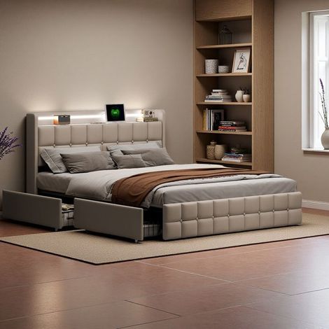 Bett mit Stauraum - 180x200 cm - Anpassbare LED RGB - 4 Schubladen - Zeitgenössisches Design