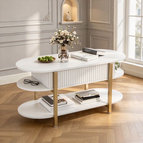 Table Basse Relevable 106×45×50cm avec Grand Coffre de Rangement Table de Salon Multi-niveaux Plateau Réglable Pieds Métal Doré Convient au salon et à la chambre à coucher Style Moderne Crème - Blanc (1/5)