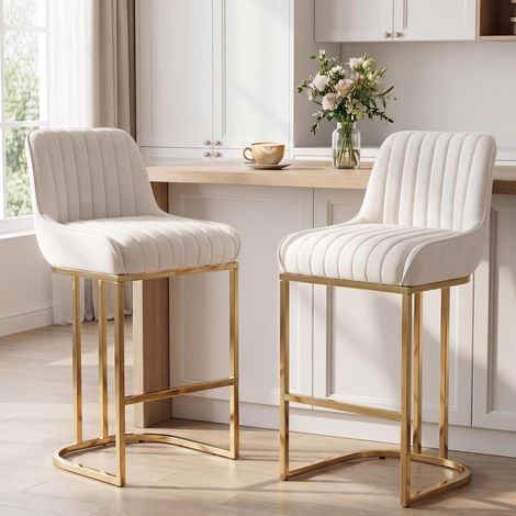 Wahson Tabouret de bar en velours blanc – Lot de 2 – Coussin épais – Pieds en métal doré – Hauteur d'assise 67cm – Design contemporain, Blanc