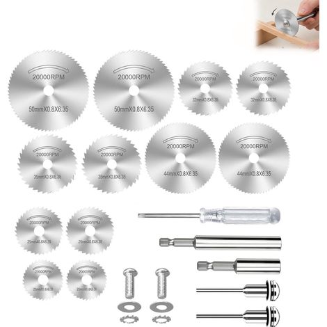 Disques Coupe Perceuse HSS Lot de 17 Lames Scie Circulaire Mini Mandrin Rallonge Tournevis Accessoires Travail Bois Plastique PVC Metal Tendre Alaisage 6.35mm Diametres 22-50mm Tiges 65mm 106mm (1/5)