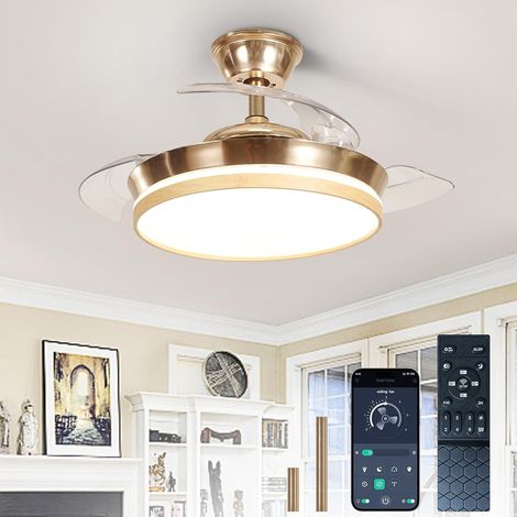 Ventiladores de techo retráctiles con luz: Ventilador de techo de 91 cm con control remoto - Ventilador regulable en color dorado y con vetas de madera para dormitorio (1/5)
