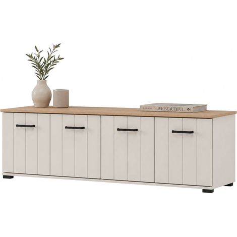 Mueble para TV Erbez, un Estante, 4 Puertas, con Patas, 156x40x44h cm Blanco Crema
