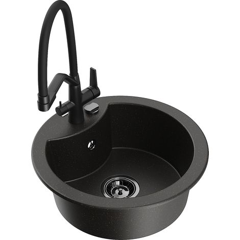 Mexen Diego lavello da cucina in granito a 1 vasca con miscelatore Duo, nero/oro metallico - 6512-75-671701-70-B (1/5)