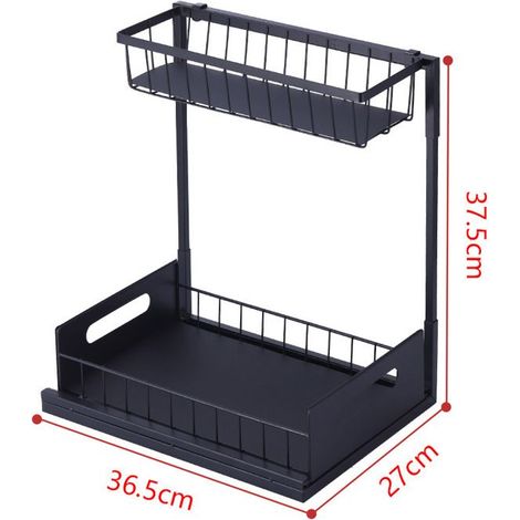 1 étagère coulissante sous évier, double niveau, anti-accumulation d'eau, noir, rangement cuisine salle de bain buanderie