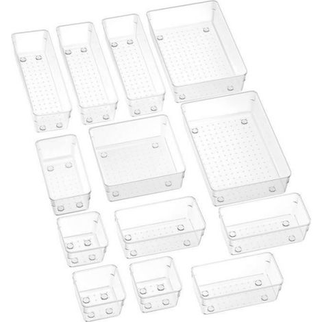 Organisateur de Tiroir - Plastique PS - Transparent - Antidérapant - Empilable - 13 Pièces (1/4)