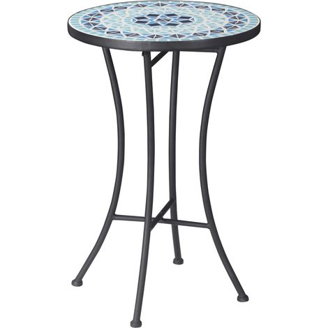 Table de jardin ronde métal plateau céramique design mosaïque bleu Φ35.5x53.5cm