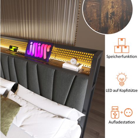 Lit métallique 180x200 cm gris sans matelas. Éclairage LED pilotable par appli,recharge USB,cadre à lattes bois. (1/5)