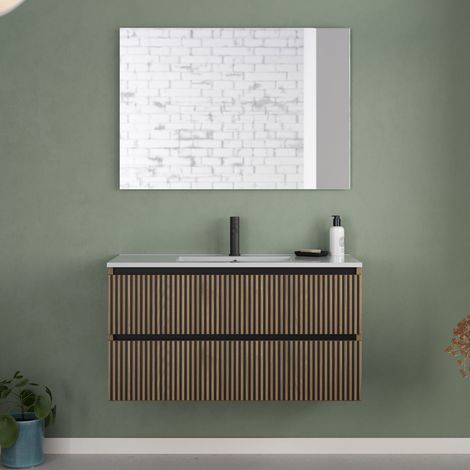 Meuble de salle de bain 100cm simple vasque - 2 tiroirs - noyer (bois foncé) - VENERIA