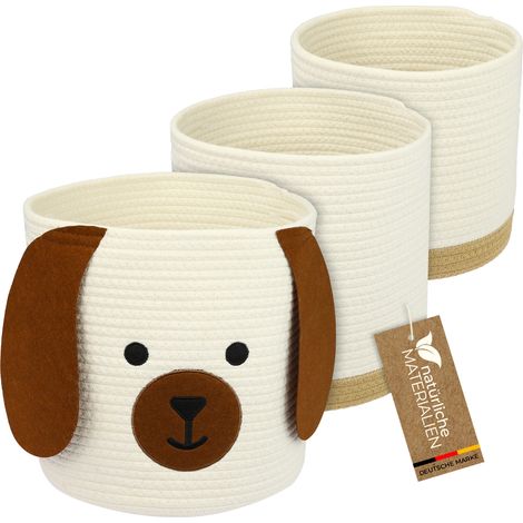 HMF Aufbewahrungskorb mit versteckten Griffen, 3er Set, Korb für Kinderzimmer aus Baumwolle, Hund, Groß, Mittel, Klein