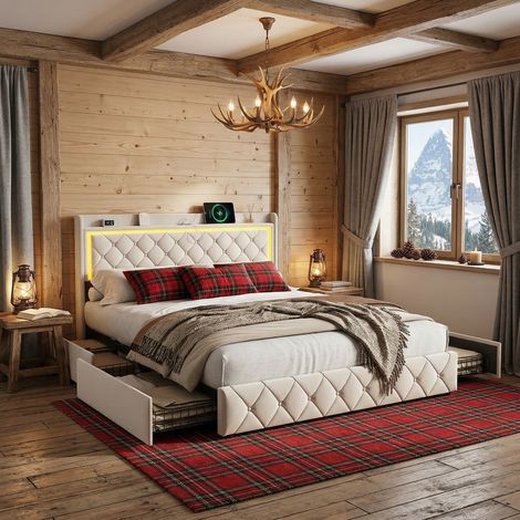JOOKGBD-Letto matrimoniale 140x200cm, letto contenitore, letto giovanile, con 4 cassetti spaziosi, illuminazione LED, porta ricarica USB, rivestimento in velluto, rete a doghe robusta, beige