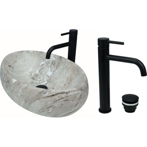 GTM Design Aufsatzwaschbecken 48 cm Matt Set mit Waschtischbatterie und Stopfen - Aufsatzwaschbecken Oval für Badezimmer - Modern Waschbecken ohne Hahnloch - Waschbecken mit Armature (1/5)