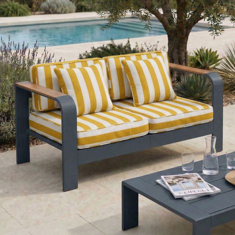 Canapé de jardin en alu anthracite et bois, rayures jaunes (1/5)