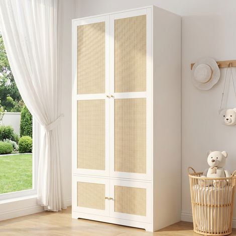 Armoire penderie 90x48x180 cm, dressing blanc en MDF avec 2 portes battantes en rotin, tringle et étagères fixes pour chambre