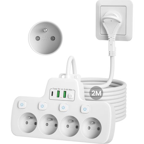 Multiprise Extra Plate,Prise Multiple 4 Prises Française Terre 16A 2P+T  Multiprise Electrique Murale avec Interrupteur Individuel,Chargeur USB Prise Plate Derriere Meuble Rallonge Cable 2M,Blanc (1/5)