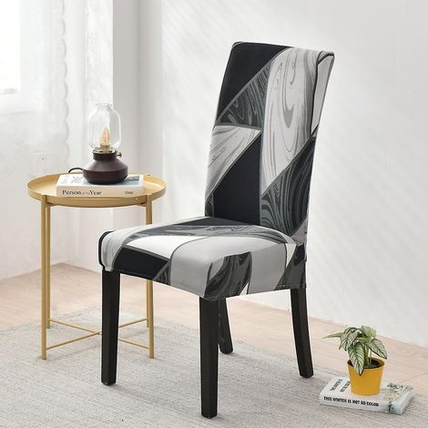 Lot de 2 housses de chaise extensibles à motif géométrique noir et blanc - Housses universelles et lavables pour salle à manger, hôtel, restaurant (1/5)
