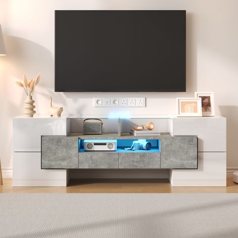 Mobile TV 145 cm, con LED, 4 porte, 2 cassetti di deposito, mensola in vetro, alta lucentezza, moderno, mobile da soggiorno in legno - Grigio