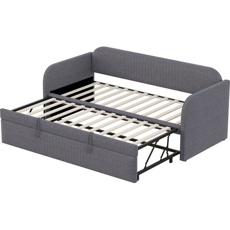 Cama banqueta extensible 90/180x190 cm en lino gris con somier de lamas (1/5)