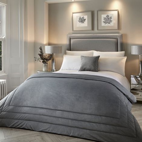 Couvre-lit de Luxe en Velours Gris (220 cm x 150 cm) - Doux au Toucher et Lourd - Gris Ardoise - Matelassé - Housse de Couette en Velours - Literie Grise (1/3)