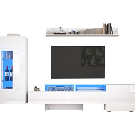 TV Wohnwand mit 1 Tür, 2 Schubladen, Regalböden und LED, für Wohnzimmer, aus Spanplatte, 3-teilig (1/5)