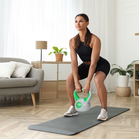 Kettlebell 16 kg, PU-beschichtet und sandgefüllt, für Krafttraining, 27 x 17 x 31 cm, Grün und Grau