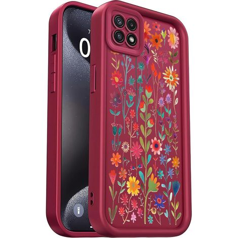 Coque Silicone pour Galaxy A22 5G Étui Souple et Léger, Design Élégant, Protection Caméra, Antichoc, Anti-Rayures, Dos Concave Ergonomique, Wine Red,Flowers (1/5)