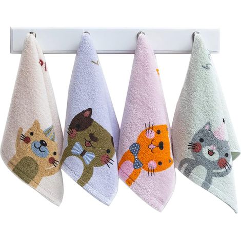 Lot de 4 serviettes de bain pour enfants à imprimé chaton mignon, en pur coton, douces et idéales pour la maison. (1/5)