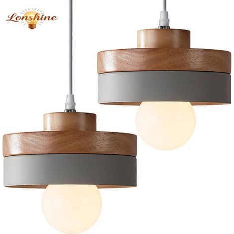 LONSHINE 2er-Set moderne runde Pendelleuchten mit grauen Holz- und Metallschirmen, E27-Fassung für Wohn- und Schlafzimmer (1/5)