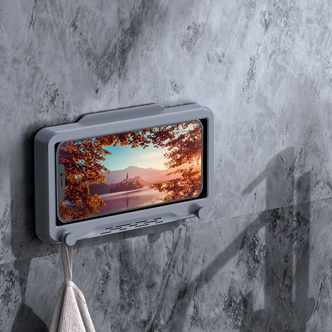 Support mural pour téléphone portable étanche avec coque tactile, pour salle de bain, cuisine, miroir ou baignoire. (1/5)