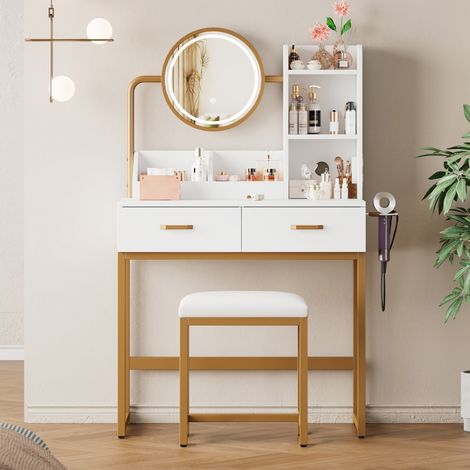 Coiffeuse blanche LED miroir pivotant prise tabouret doré 2 tiroirs 2 étagères 79x40x138,5cm chambre maquillage (1/5)