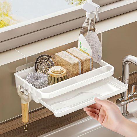 Selbstklebender ABS-Spülbeckenorganizer, Schwammhalter, 2 Haken, Handtuchhalter und Abtropfschale, multifunktional, 1 Stück (1/5)