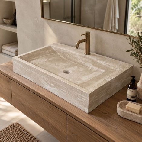 Vasque à poser rectangulaire en pierre naturelle Travertin Beige 75x46x12 cm - À l'unité - Ti'ma Stone (1/5)