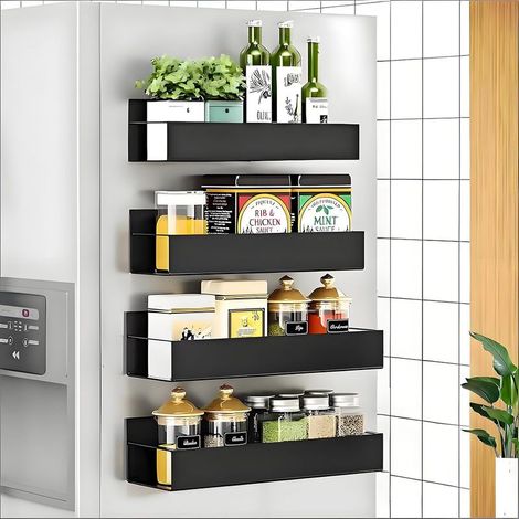 Lot de 4 Étagère Magnétique Frigo Avec 4 Crochet, Support Range Épices Métal Noir Pour Cuisine (1/5)