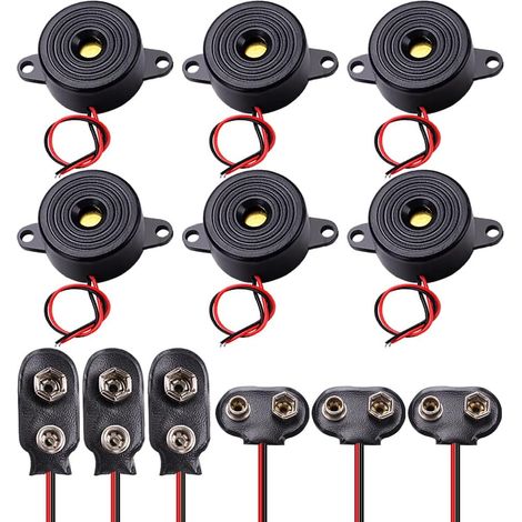 6 x Electronic Alarm Buzzer, 12V Electronic Buzzer Alarm Sounder + 9V Battery Snap Connector (3pcs T Type and 3pcs I Type)