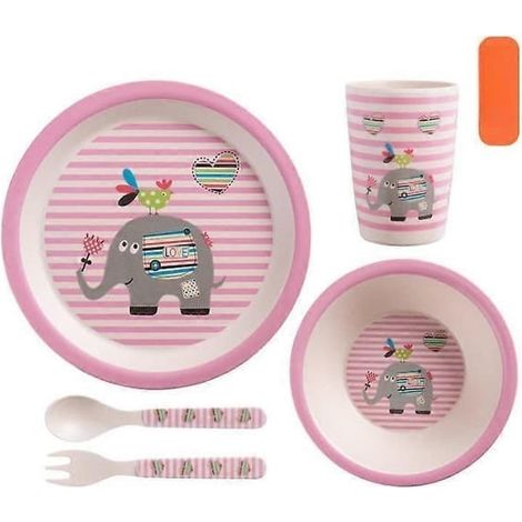 Service de table créatif pour enfants en fibre de bambou, ensemble de cinq pièces pour les enfants d'âge préscolaire, motif éléphant rond, cinq pièces avec boîte.
