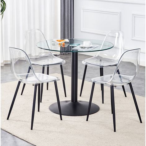 Set tavolo e sedie rotondo, tavolo da pranzo in vetro temperato 85 cm, 4 sedie trasparenti HAVRYA (1/5)