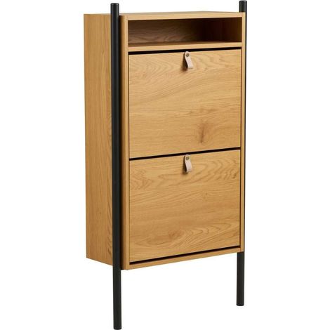 Meuble à chaussures 2 portes basculantes en mélaminé aspect chêne clair - VALTIS
