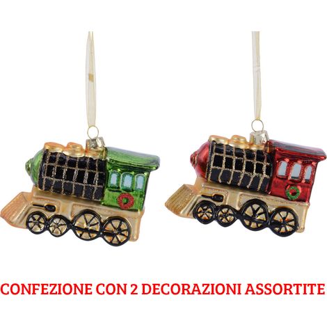2 DECORAZIONE TRENINI APPENDIBILI 10.5X4.5X8 CM VERDE/ROSSO ASSORTITI ADDOBBI