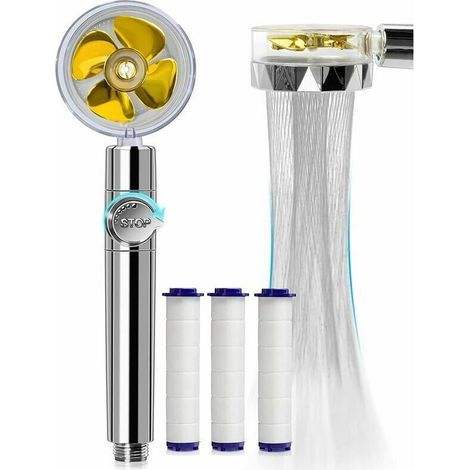 Cabezal de ducha turbo portátil con hélice y filtro (amarillo) (1/5)