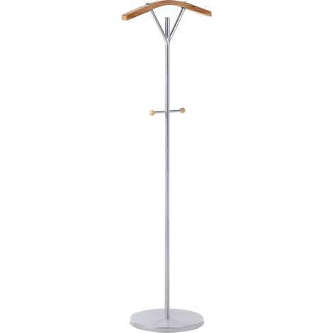 Coat Rack Silver Steel Metal 130 cm Freestanding Clothes Stand Wooden Accents 3 Hooks Modern Hallway THOMPSON