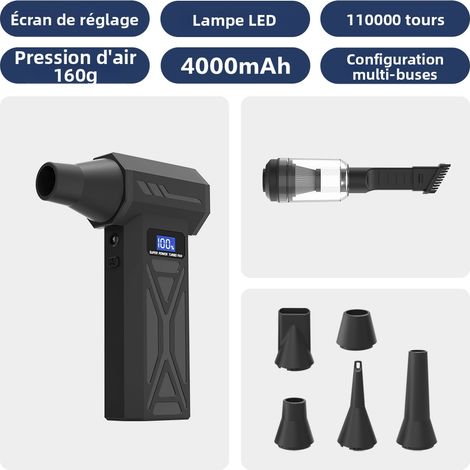 Souffleur Air Comprimé, Souffleur Batterie 110000 Tr/Min, Mini SouffleurSans Fil Puissant, 4 Vitesses, Lcd écran Modèle, Lampe De Poche Pour PC Clavier Voiture Maison,Avec embout d'aspiration (1/5)