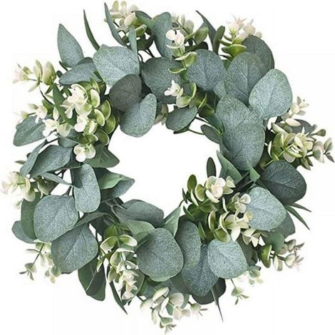 Couronne d'eucalyptus artificielle verte, 12 pouces, couronne de verdure avec grappes de fleurs blanches, mini couronne printemps/été pour décoration (1/4)